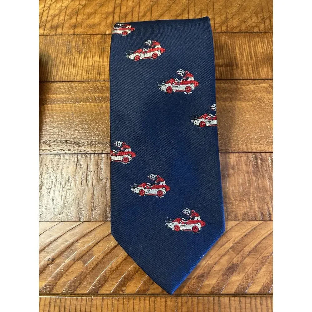 1950s Mens Tie 4” Navy Graphic Silk Blend Race Car Flag Speedway INDY 500 Driver